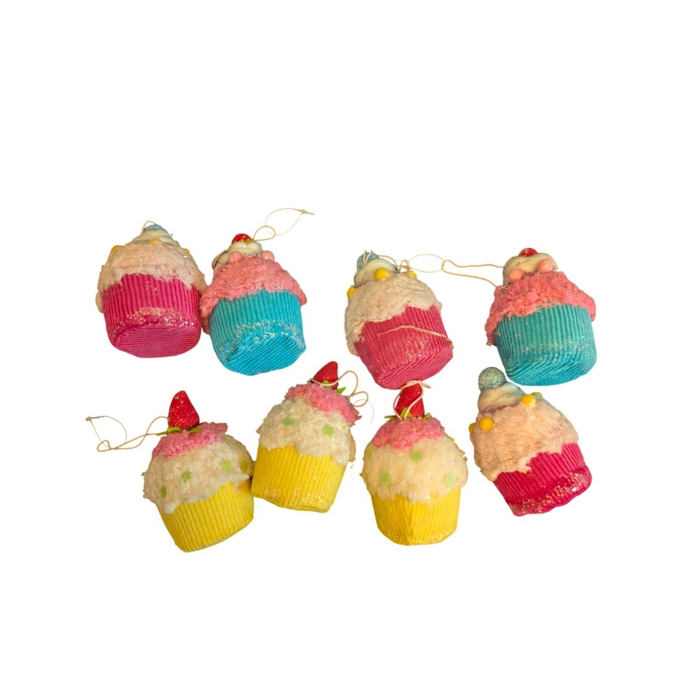 Set of 8 Faux Cupcake Christmas Ornaments Pink Blue Yellow Dessert Decor